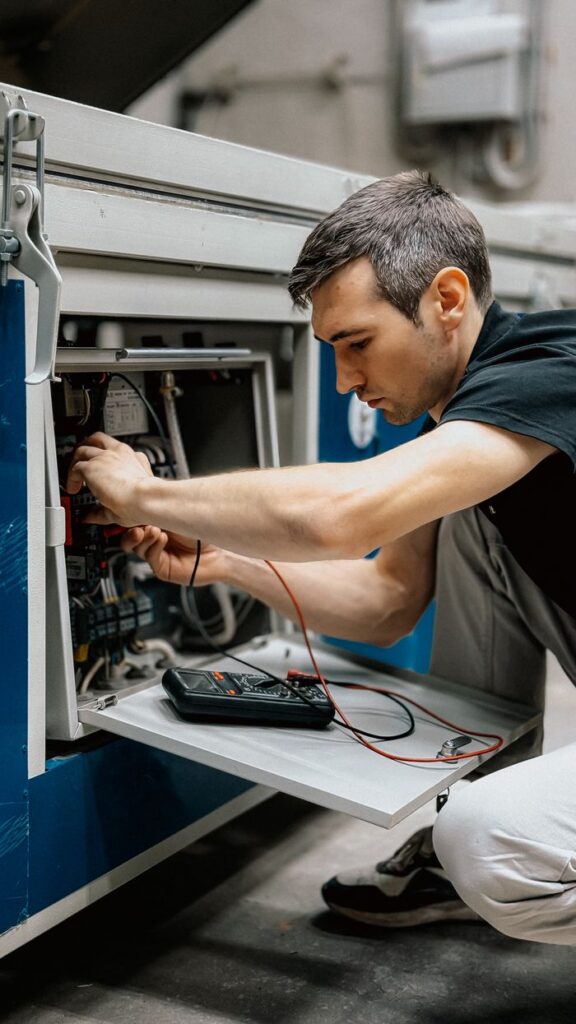 Focused young technician inspecting and repairing machinery at work, ensuring optimal functionality.